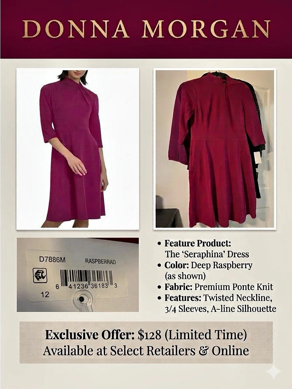27. Donna Morgan Mock Neck A-Line Dress with Twist Neck Detail raspberry color